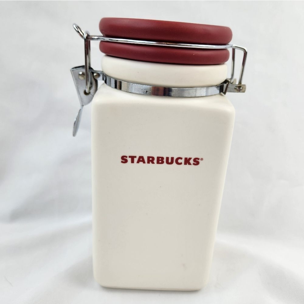 ☕️Starbucks Red & Ivory Holiday Distressed Snowflake Canister #1
